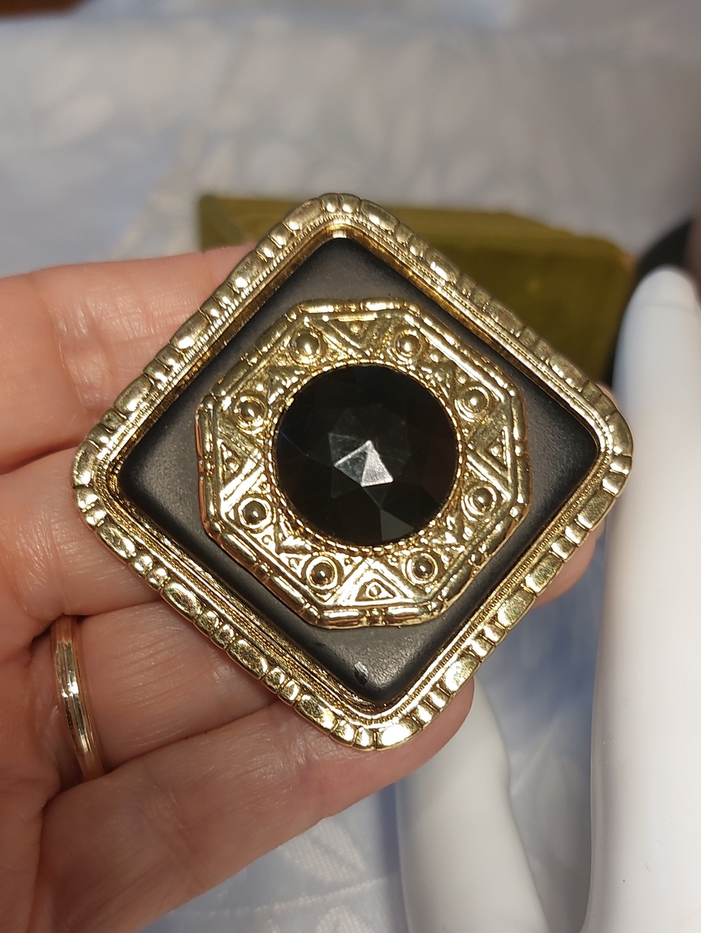 Vintage 1928 Jewelry Company Gold-Tone Ornate Square Brooch with Jet Black